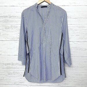 Zara Women's Blue & White Striped Tunic Top Long Length Roll Tab Sleeves XS